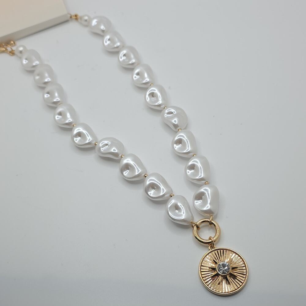 ON 34TH Gold Plated Chain Necklace Pearl Crystal Round Charm Pendant 17"